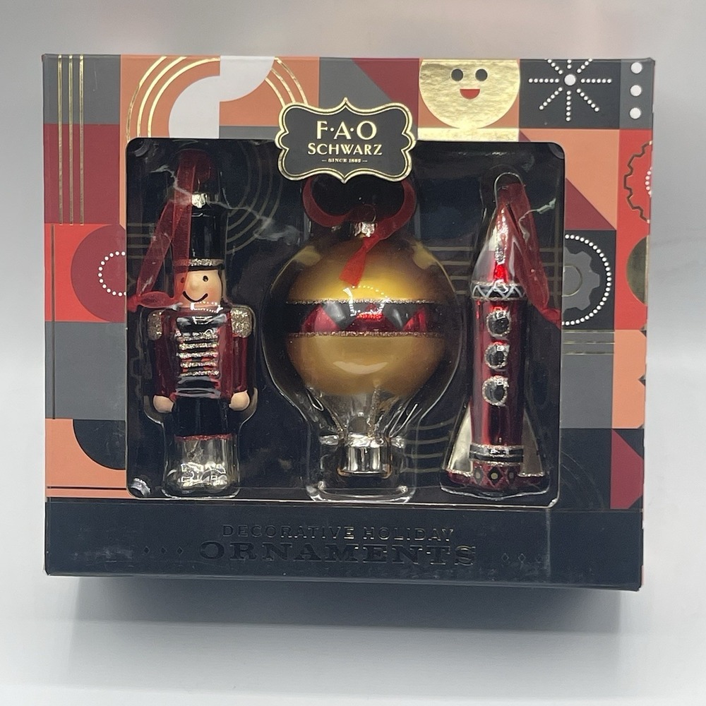 FAO Schwarz Decorative Holiday Christmas Ornaments Nutcracker Hot Air Balloon
